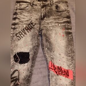 Encrypted Graphic Grey Distressed Jeans with Red and Black Accents Size 32"X 32"